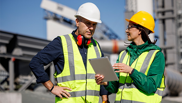 Workers hardhats outside