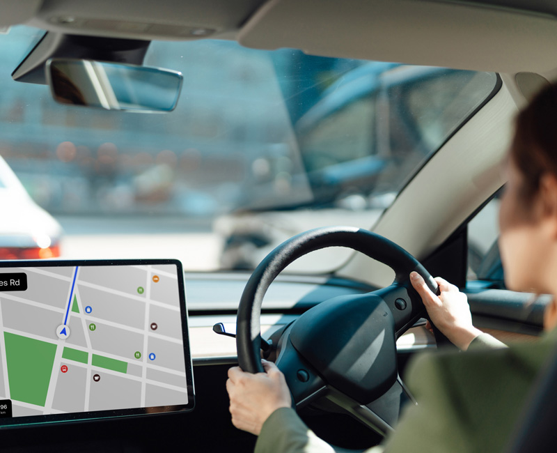 Woman driving an electric vehicle with a navigation map displayed on the center touchscreen.