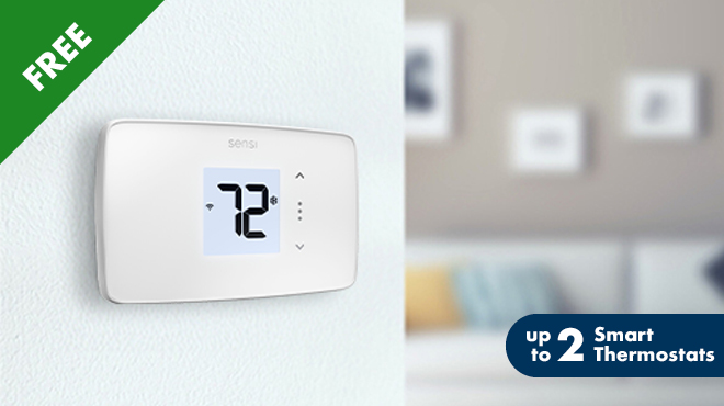 Smart thermostat showing 72°F with ‘Free’ offer and ‘up to 2 smart thermostats’ badge.