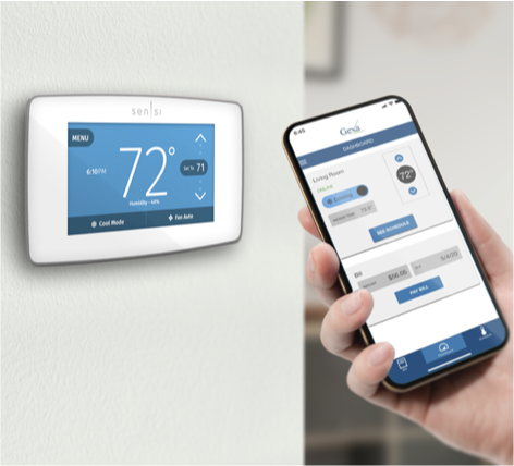 image of smart thermostate and mobile phone using the app
