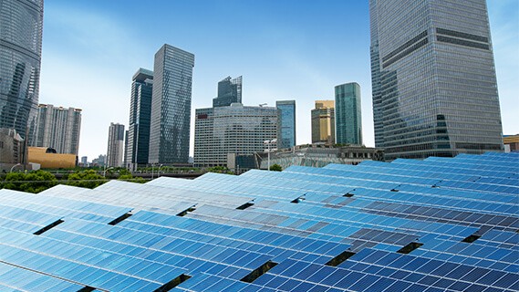 Exterior shot of commercial building with solar panels