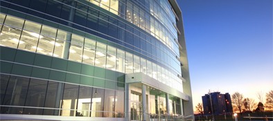 exterior shot of commercial building at night